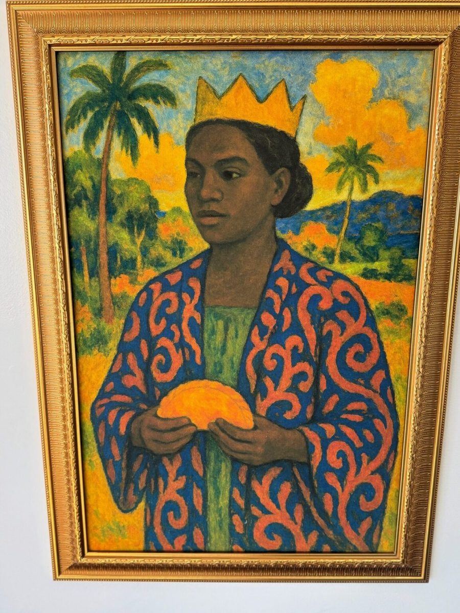 Painting of a queen in a gold crown holding an empanada under palm trees